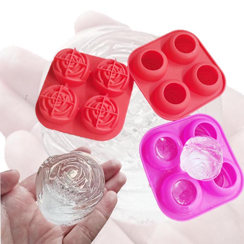 Silicone 3D Múnla Oighir Oighir Tráidire Ciúb Oighir Móra, déanann 4 oighear gleoite bláth, spraoi rubair silicone déantóir liathróid oighir mór le haghaidh reoiteoir bourbon sú manglaim, sábháilte miasniteoir, trí dhath