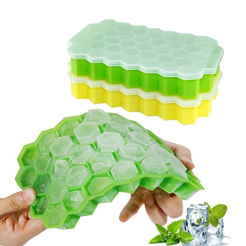 Tráidire Ciúb Oighir Honeycomb, 37 Bia Laitíse Grád Bia Silicone Ciúb Oighir Múnla Múnla Le Lids Mold Inbhainte Mold Oighir Múnla Do Pháirtí Uachtar Reoite Cocktail Uisce Beatha Páirtí Fuar